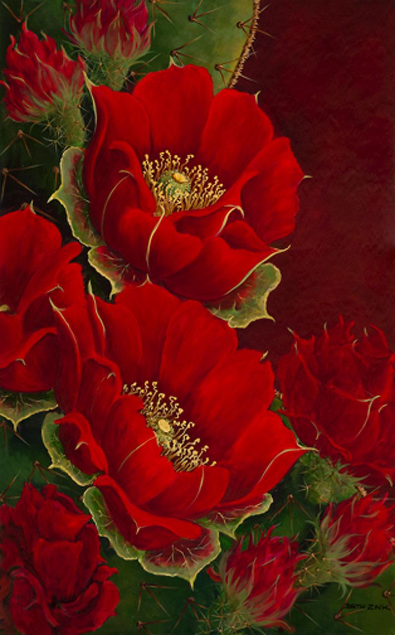 beth zink painting with dark red flowers blooming