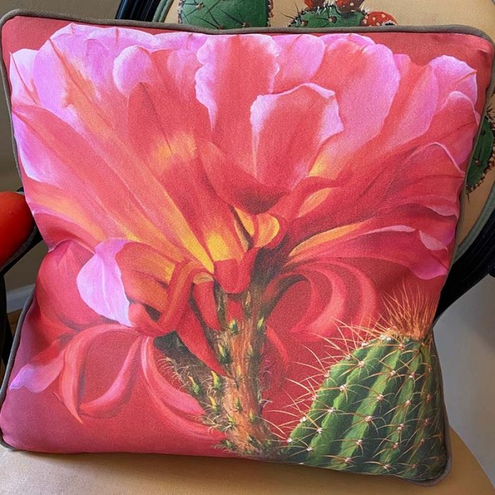 accent pillow with red flower and cactus barrel