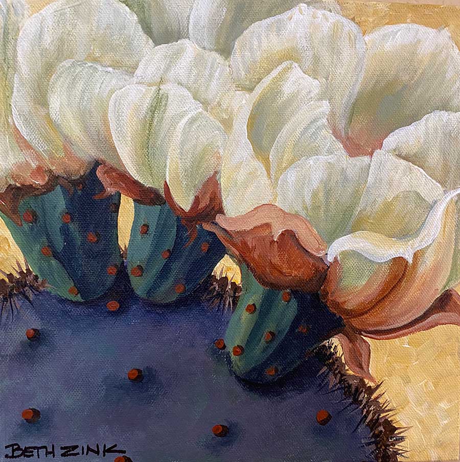 prickly pear cactus with white flower close up