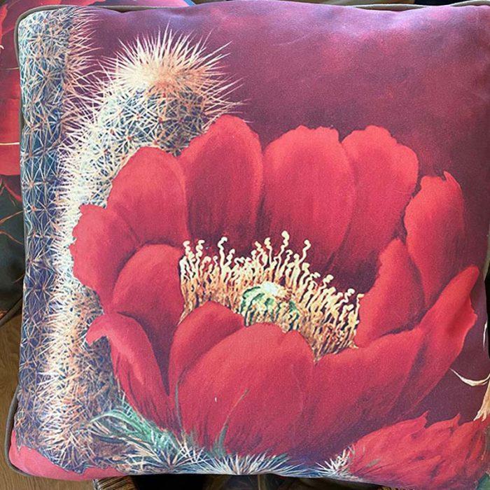accent pillow with cactus and red flower