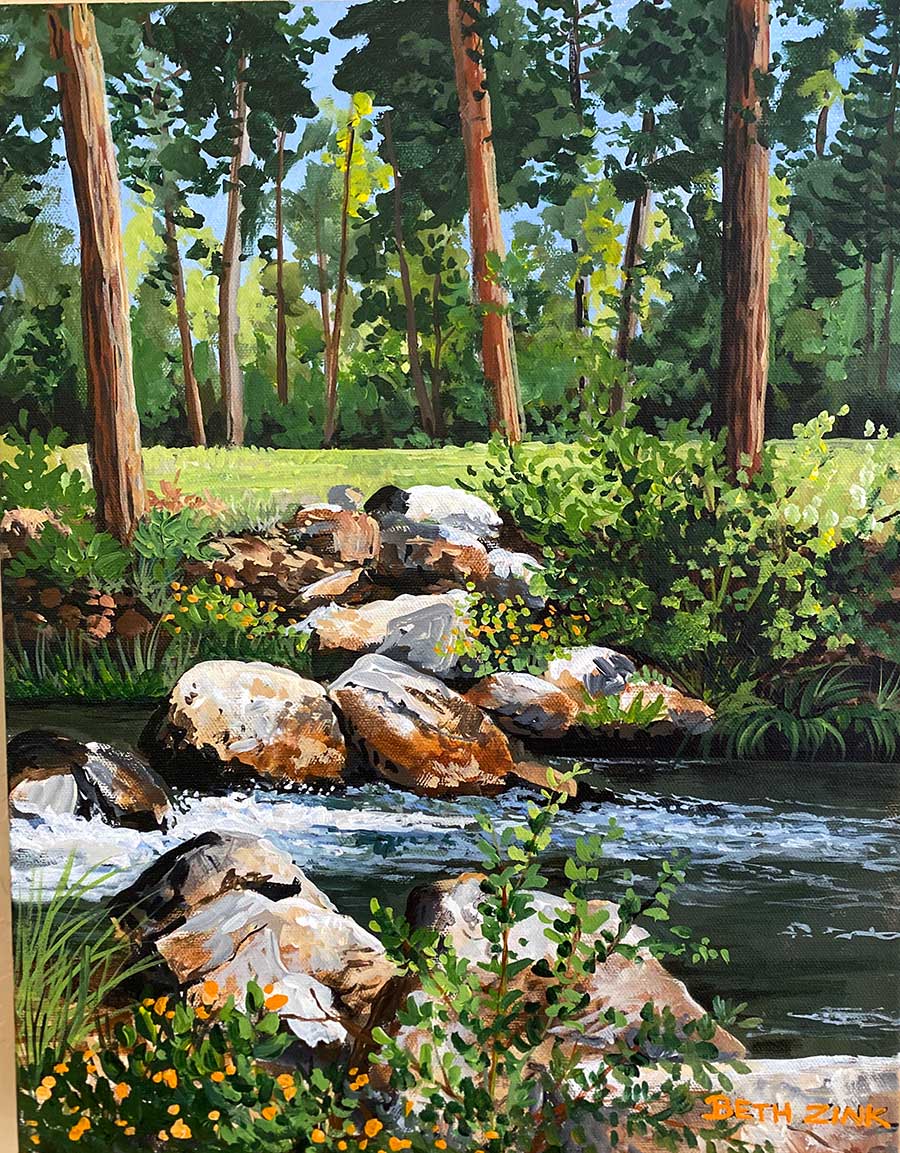 painting with rocks and creek and trees