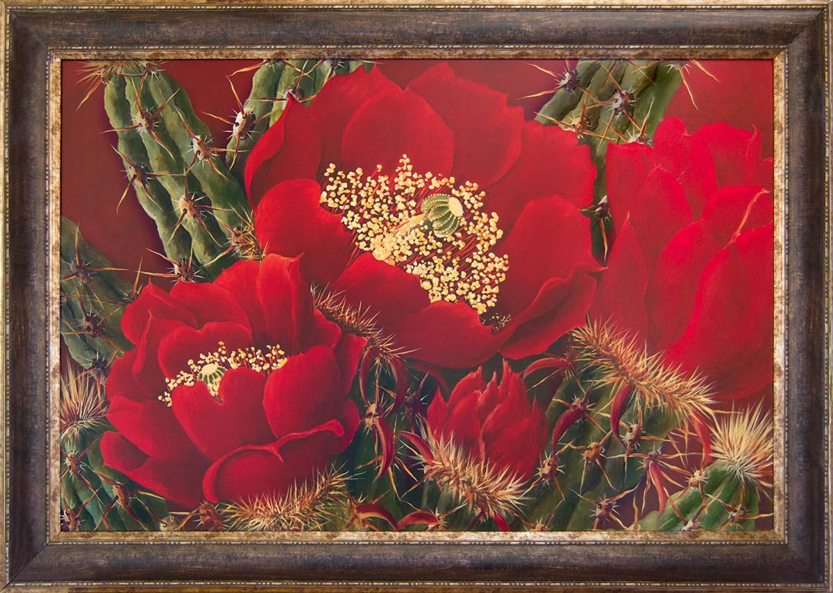 beth zink framed painting of cactus with red flowers
