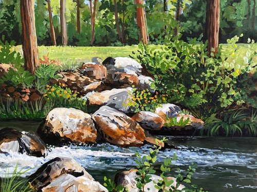 Painting by Beth Zink of a vibrant forest scene with lush greenery, colorful flowers, rocks, and a flowing stream.