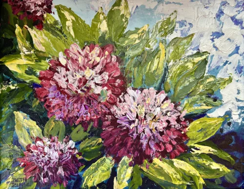 Vibrant painting by Beth Zink of lush green leaves and bold red-pink flowers against a textured blue and white sky.