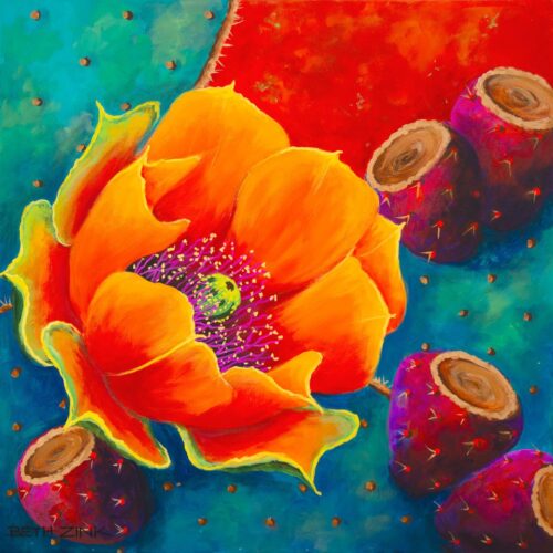 Vibrant painting by Beth Zink of an orange cactus flower with vivid turquoise and red background, surrounded by colorful prickly pears.
