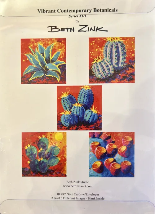 Colorful botanical painting by Beth Zink featuring vibrant cacti and succulents on a vivid red and orange background.