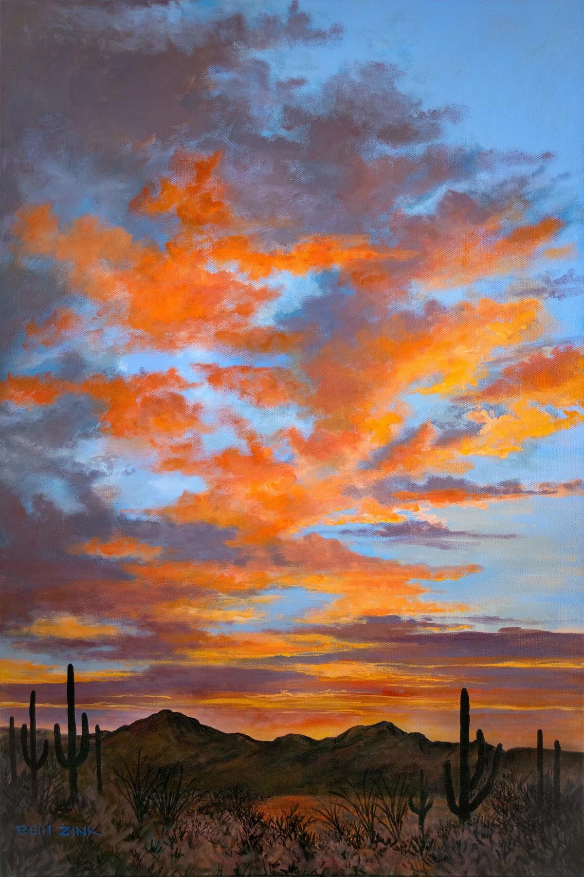 Desert sunset painting by Beth Zink with vivid orange clouds, cacti silhouette, and mountain backdrop.