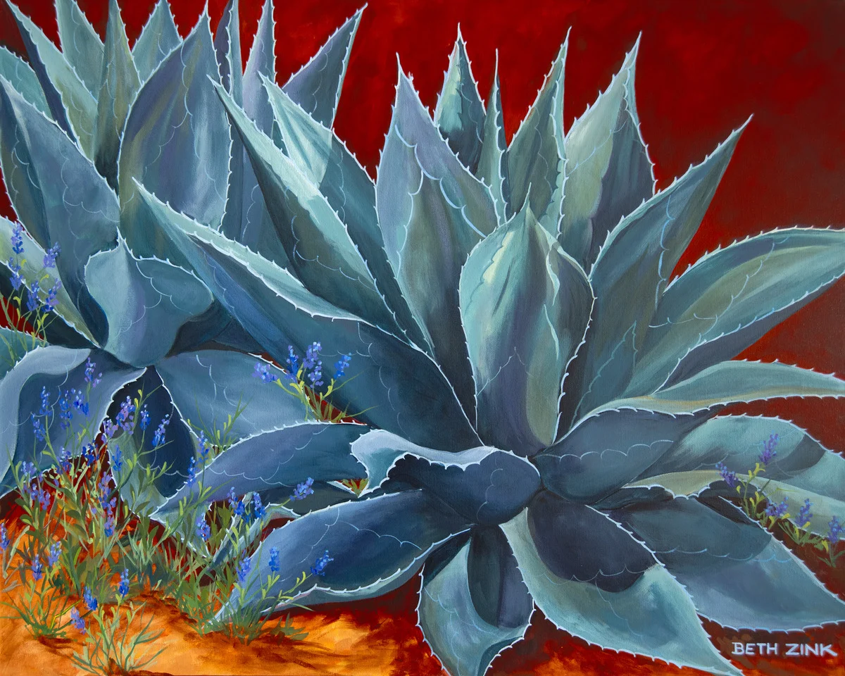 Beth Zink painting of two large blue-green agave plants with small purple flowers and a red background.