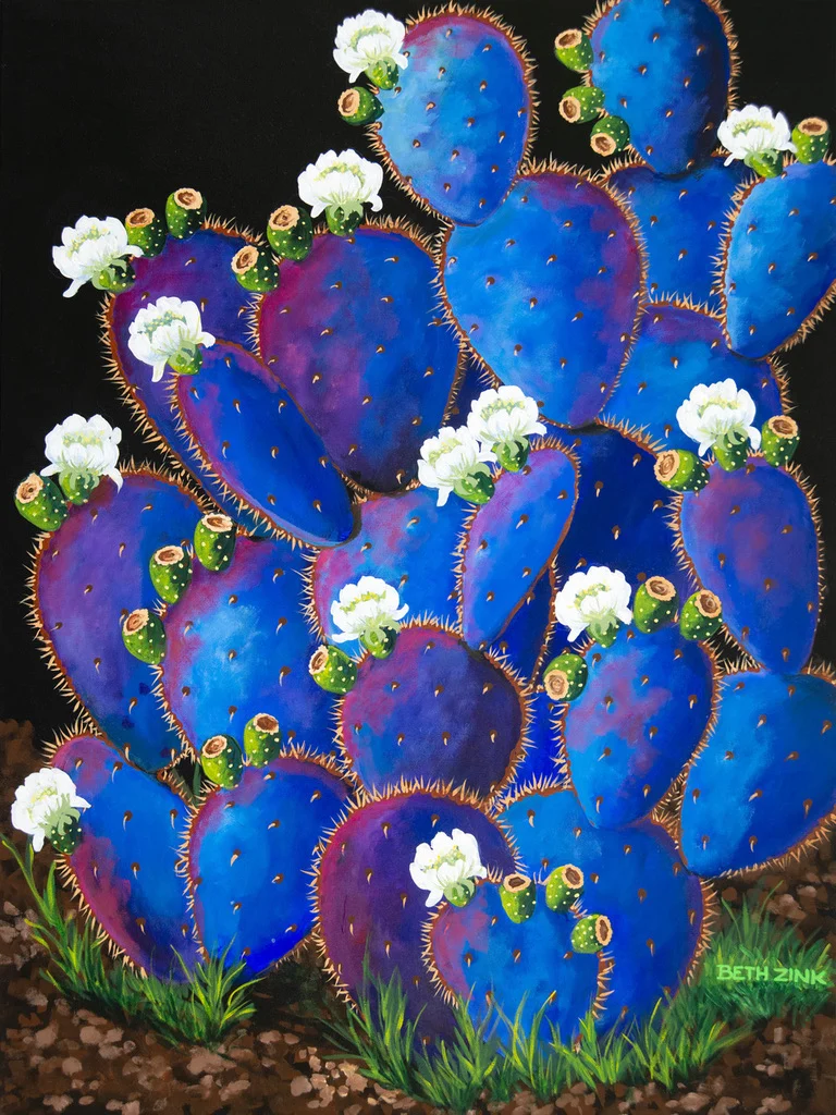 Vibrant blue and purple prickly pear cactus with white flowers, by artist Beth Zink.