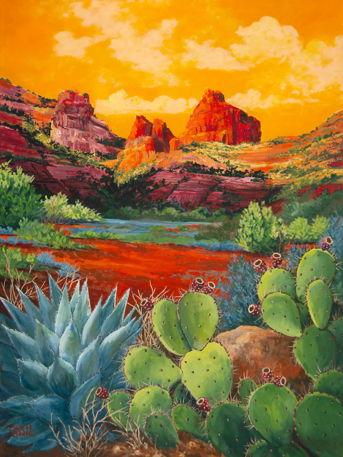 Beth Zink's vibrant oil painting of Sedona's red rocks under an orange sky, featuring agave and prickly pear cacti.