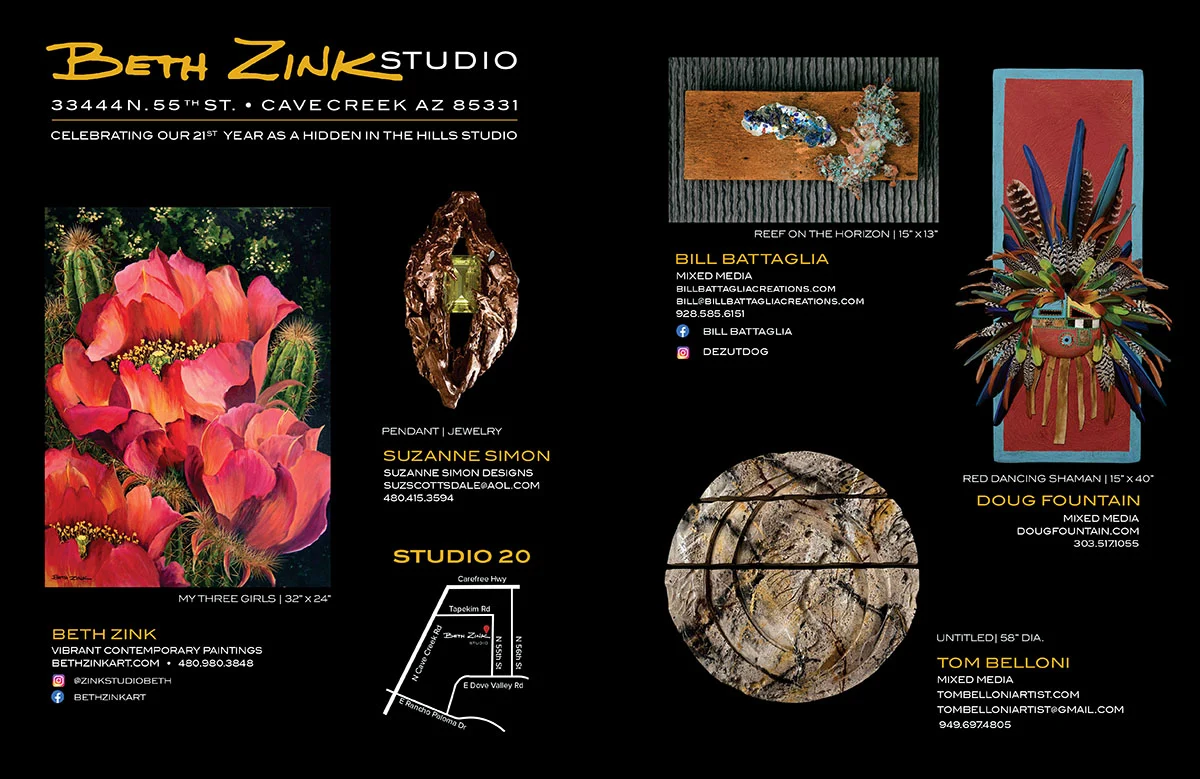 Beth Zink Studio artwork: vibrant pink desert blooms, mixed media sculptures, and jewelry by Beth Zink and Bill Battaglia.