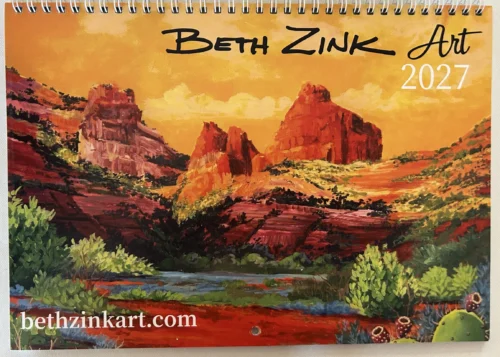 Beth Zink Art 2027 calendar features a vibrant desert landscape painting with red rock formations and a bright orange sky.